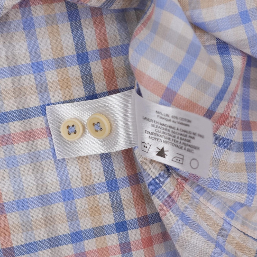 David Donahue Shirt Mens Medium Blue Pink Tan Plaid Short Sleeve Linen Blend - Picture 11 of 12
